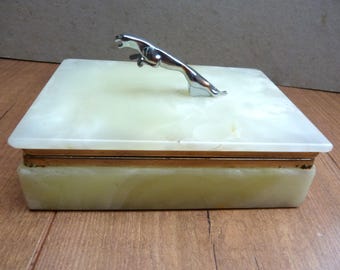 Vintage Onyx Trinket Box with Jaguar Mascot Pale Green Figured Onyx Marble Hinged 6 Inch 1.22kg Stone Jewellery Box