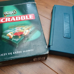 POLISH Travel Scrabble set, push-in tiles in hard plastic folding case complete vintage game. Handy Scrabble board game