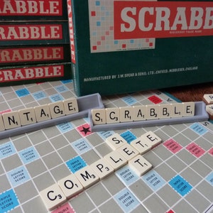 Vintage Scrabble board game by Spear's Games dated 1955. Complete original set: Board, racks and 100 letter tiles. Made in England word game image 1