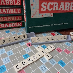 Vintage Scrabble board game by Spear&#39;s Games dated 1955. Complete original set: Board, racks and 100 letter tiles. Made in England word game