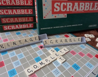 Vintage Scrabble board game by Spear's Games dated 1955. Complete original set: Board, racks and 100 letter tiles. Made in England word game