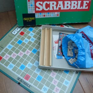 Vintage GERMAN Scrabble set, complete original game with 119 wooden letter tiles by Spear's Games. Made in Germany word board game