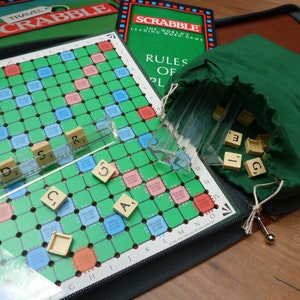 Vintage Travel Scrabble set, peg tiles and board in folding zipped case boxed complete game by Spear&#39;s Games. Handy travel word board game