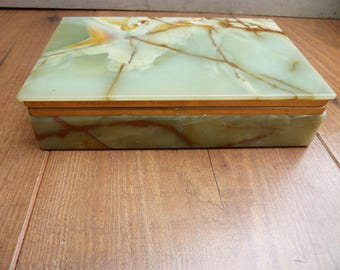 Vintage Onyx Trinket Box Green Figured Onyx Marble 7 Inch 1.07kg Hinged Stone Jewellery Box