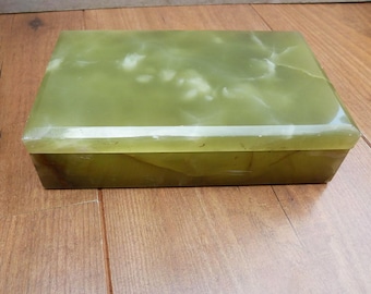 Vintage Onyx Trinket Box Green Figured Onyx Marble 7 Inch 1.65kg Hinged Stone Jewellery Box
