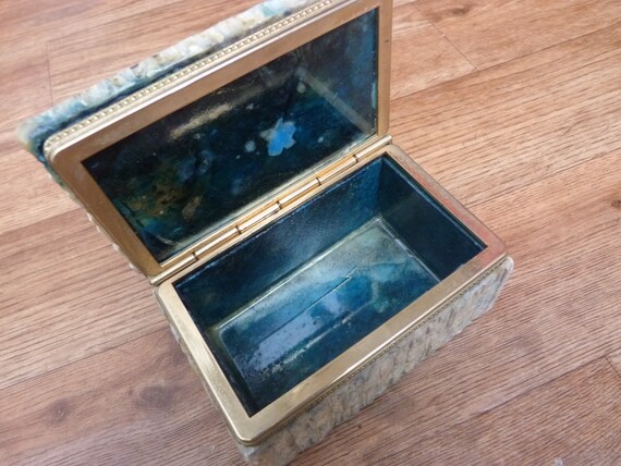 Vintage Alabaster Trinket Box Vibrant Blue Inside… - image 1
