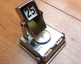 Vintage Metal Perpetual Flip Calendar with thermometer. 1950s Chrome Metal Desktop Calendar