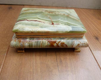 Vintage Onyx Trinket Box Green Highly Figured Onyx Marble Hinged 1.16kg 6 Inch Shaped Stone Jewellery Box on Feet