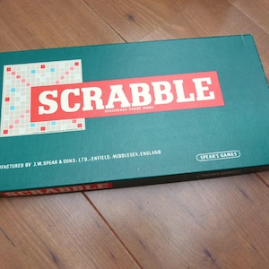 Vintage Scrabble set, complete original game with wooden letter racks by Spear&#39;s Games dated 1955. Made in England word board game