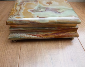 Vintage Onyx Trinket Box Green Brown Figured Onyx Marble Hinged 2.1kg 8 Inch Shaped Stone Jewellery Box on Lion Claw Feet