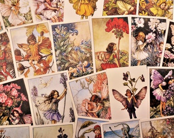 Lot de 4 cartes postales fée des fleurs, 12 ou 24 illustrations de Cicely Mary Barker Lucky Dip art vintage printemps été automne hiver