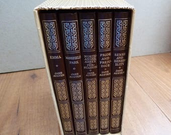 Jane Austen Collection of Complete Novels in 5 Faux Leather Books Pride & Prejudice, Emma, Persuasion, Northanger Abbey, Sense + Sensibility