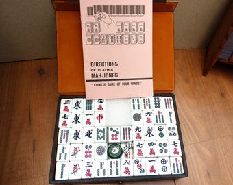 Vintage Mahjong Set in Carry Case Complete with 144 Engraved Tiles, Dice and Wind Indicator Portable vintage