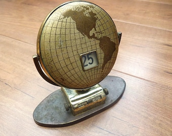 Vintage Large Metal Globe Perpetual Flip Calendar of World Map 1960s Metal Desktop Calendar 5 inches high
