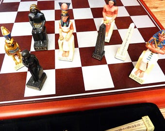 Ancient Egypt Vintage Chess Set 15 inch square Complete with 32 Hand Painted Pieces Historical Themed Game