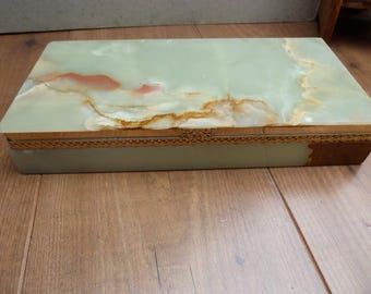 Vintage LARGE Onyx Trinket Box Green Figured Onyx Marble 11 1/4 Inch 2.3kg Hinged Stone Jewellery Box