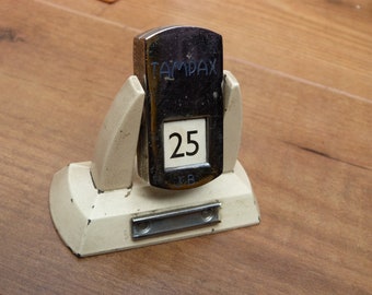 Vintage Metal Perpetual Flip Calendar 1930s by Velos Cream and Silver Colour Tampax Dolcin Heavy Metal Desktop Calendar