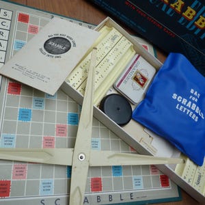 Vintage Deluxe Scrabble set; complete original game with turntable scoring racks by Spear&#39;s Games dated 1958 Made in England word board game
