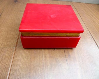 Vintage Alabaster Trinket Box Red Hinged 4 1/4 Inch Stone Jewellery Chest Made in Italy