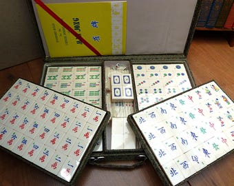 Vintage SEALED Mahjong Set in Carry Case Complete with 152 Larger Bamboo Backed Pieces, Scoring Sticks and Dice 1970s Portable vintage