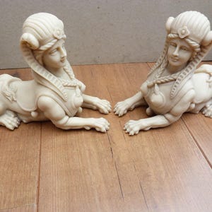 Greek Sphinx Statues Pair of Faux Alabaster Decorative Mythological Woman Figures from Ancient Greece