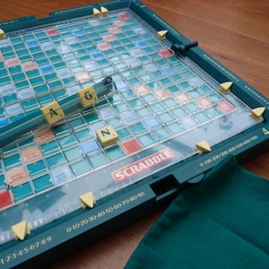 Vintage Travel Scrabble set, push-in tiles in hard plastic folding case complete game by Spear&#39;s Games. Handy travel word board game