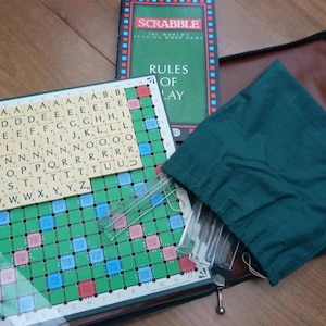 Vintage Travel Scrabble set, peg tiles and board in folding zipped case complete game by Spear&#39;s Games. Handy travel word board game