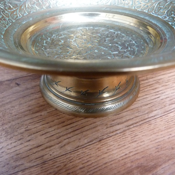 Vintage Engraved Brass Pedestal Dish Indian Brass Bowl