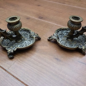 Pair Vintage Brass Thistle Candleholder Shaped Chamber Sticks Single Candle Stick Ornate Art Nouveau Style Brass Scottish National Emblem