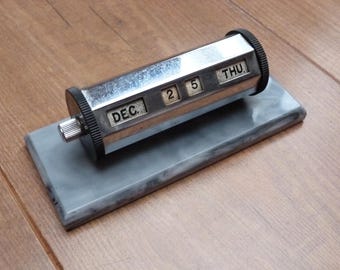 Perpetual Desk Calendar 1960s Vintage Silver Tone Octagonal Barrel Metal Calendar on Grey Base