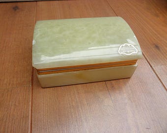 Vintage Onyx Trinket Box Green Figured Onyx Marble Hinged 5 Inch Stone Chest Jewellery Box with domed lid