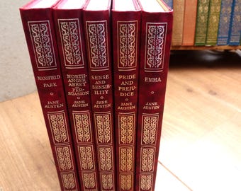 Jane Austen Collection of Complete Novels in 5 Faux Leather Books Pride & Prejudice, Emma, Persuasion, Northanger Abbey, Sense + Sensibility