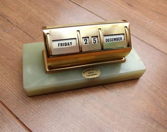 Vintage Perpetual Desk Calendar on Real Onyx Base Gold/Brass Colour Midlands Crafts Metal 1980s Vintage Made in England