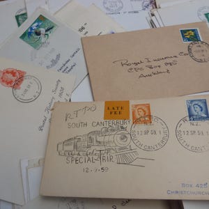 Train Stamp Postmarks or Illustration Stamped Envelopes Pack of 12, 24 or 36 Vintage Used Handwritten and Typed Postal Ephemera Rail Stamps