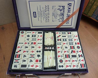 Vintage Mahjong Set in Carry Case Complete with 144 Bamboo Backed Pieces, Scoring Sticks and Dice 1970s Portable vintage