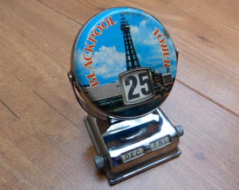 Vintage Metal Blackpool Tower Perpetual Flip Calendar. Blackpool Souvenir 1970s Chrome Metal Desktop Calendar