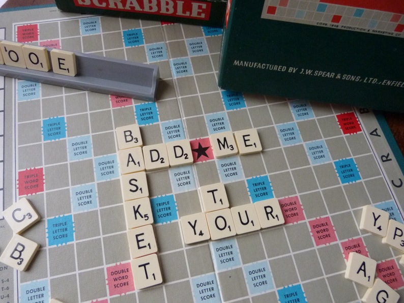 Vintage Scrabble board game by Spear's Games dated 1955. Complete original set: Board, racks and 100 letter tiles. Made in England word game image 5