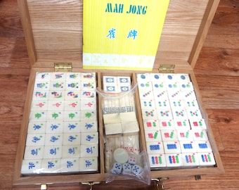 Vintage SEALED Mahjong Set in Carry Case Complete with 152 Bamboo Backed Pieces, Scoring Sticks and Dice 1980s Portable vintage