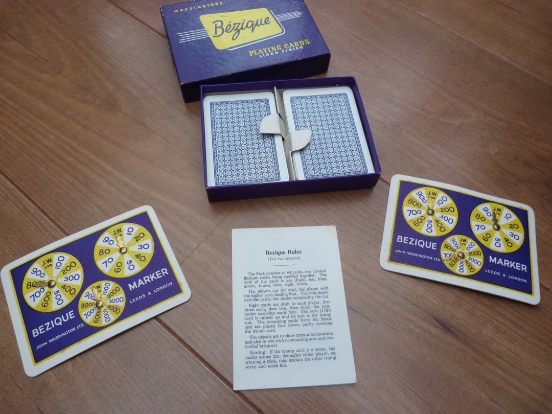 Vintage Bezique Game by Waddingtons. 64 Playing Cards and 2 Markers and