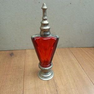 Antique Style Red Glass Moroccan Rose Water Sprinkler Bottle Metal Mounted Art Deco Style Perfume Bottle