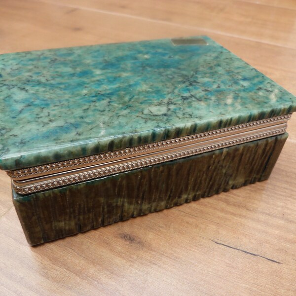Vintage Alabaster Trinket Box Drak Blue Green Figured Alabaster Hinged 5 1/4 Inch Stone Jewellery Box Made in Italy