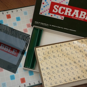 Vintage UNPLAYED Scrabble set complete original game with sealed letters by Spear&#39;s Games dated 1983. Made in England word board game