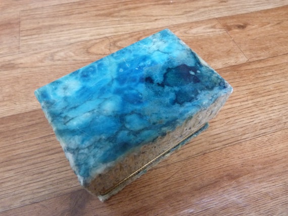 Vintage Alabaster Trinket Box Vibrant Blue Inside… - image 5