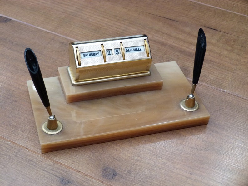 Vintage Perpetual Desk Calendar with pen holders on Faux Onyx Etsy