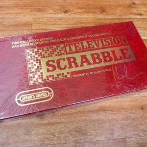 SEALED Scrabble Television Edition, complete original game made for contestants of 1980s TV show hosted by Alan Coren wooden letters.