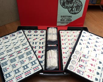 Vintage Mahjong Set in Carry Case Complete with 144 Larger Pieces, Counting Sticks and Dice 1970s Portable vintage