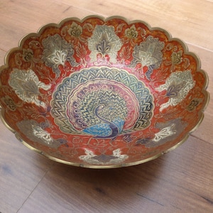 Engraved Peacock Brass Bowl 8 1/2 Inch Pedestal Dish Red Blue Cold Painted Indian Brass Bowl