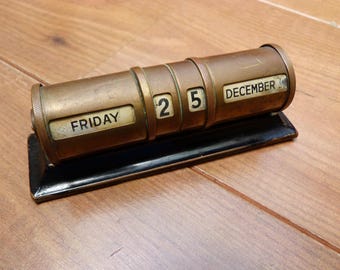 Vintage Perpetual Calendar Desk Calendar Barrel Style Brassy Metal with black base 1940s/50s Vintage Made in England by Gwenda