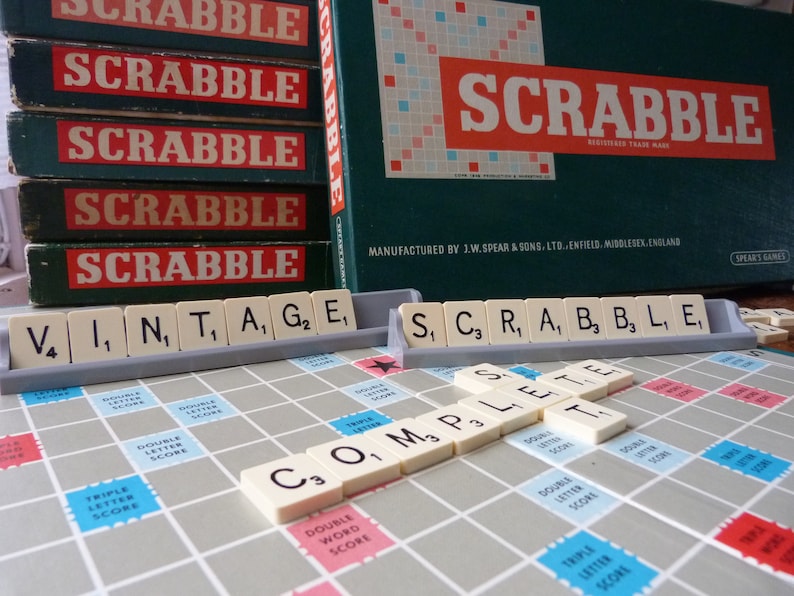 Vintage Scrabble board game by Spear's Games dated 1955. Complete original set: Board, racks and 100 letter tiles. Made in England word game image 4