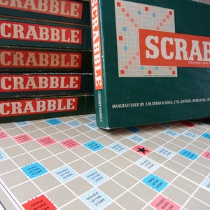 Vintage Scrabble board game by Spear's Games dated 1955. Complete original set: Board, racks and 100 letter tiles. Made in England word game image 3